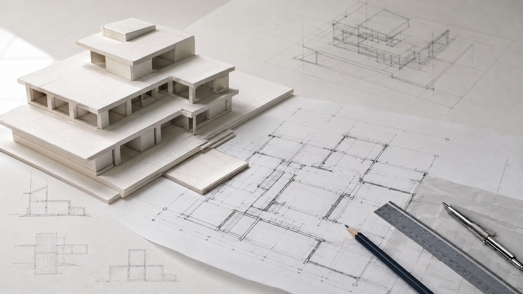 Foam-core architectural massing model on building plans with drafting tools.