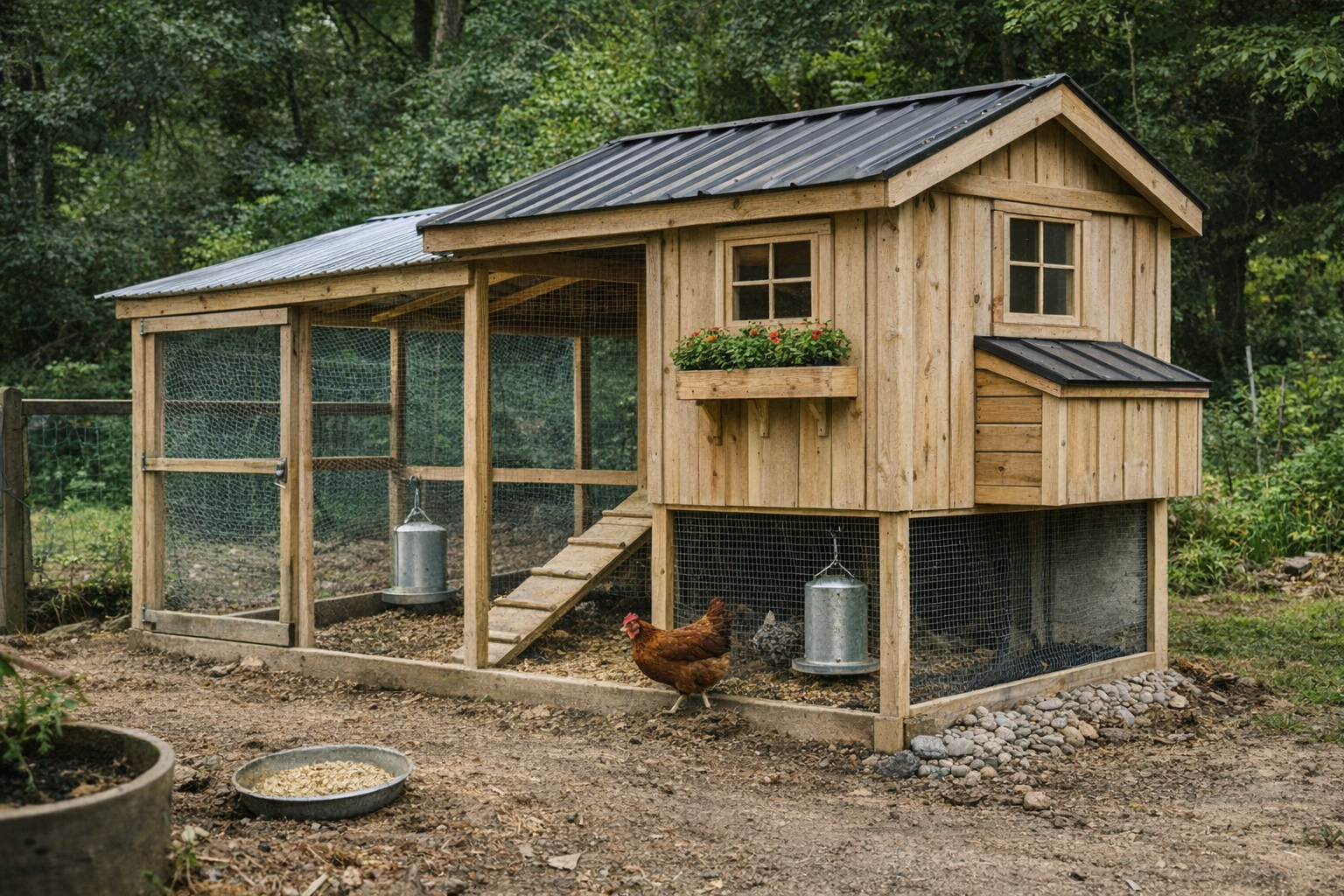 Backyard DIY chicken shelter with attached run on uneven dirt ground.
