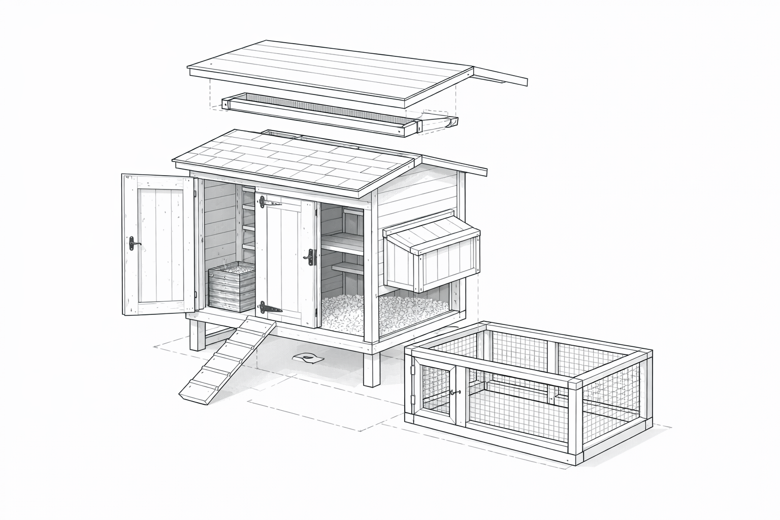 Exploded axonometric line diagram of a backyard chicken coop showing roof, doors, ramp, and run.