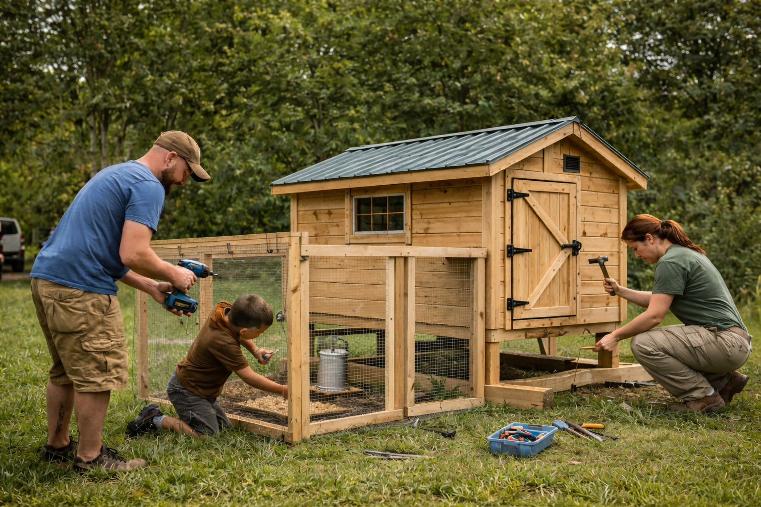 Family assembling a backyard chicken coop with attached run and hardware cloth panels.hardware cloth, visible fasteners and scattered straw.
