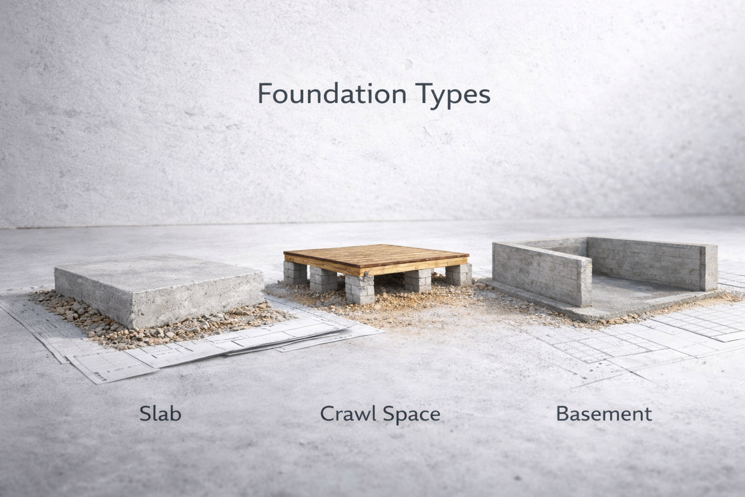 Concrete slab, crawl space and basement foundation comparison.