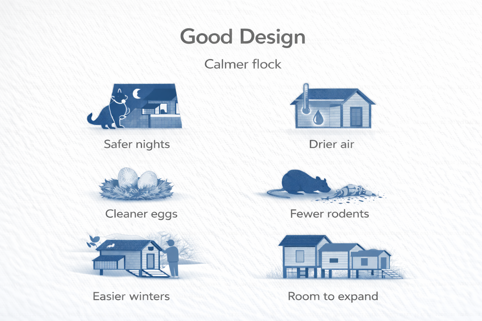 A well designed chicken coop benefits including safer nights drier air and fewer rodents.
