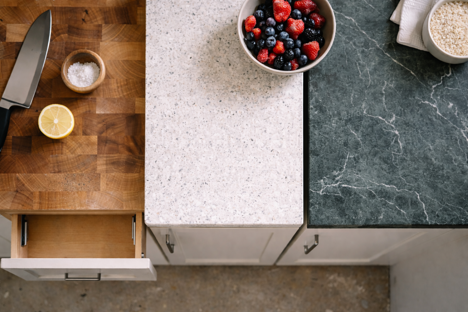 Three common kitchen benchtop materials shown side-by-side: wood, quartz, and marble.