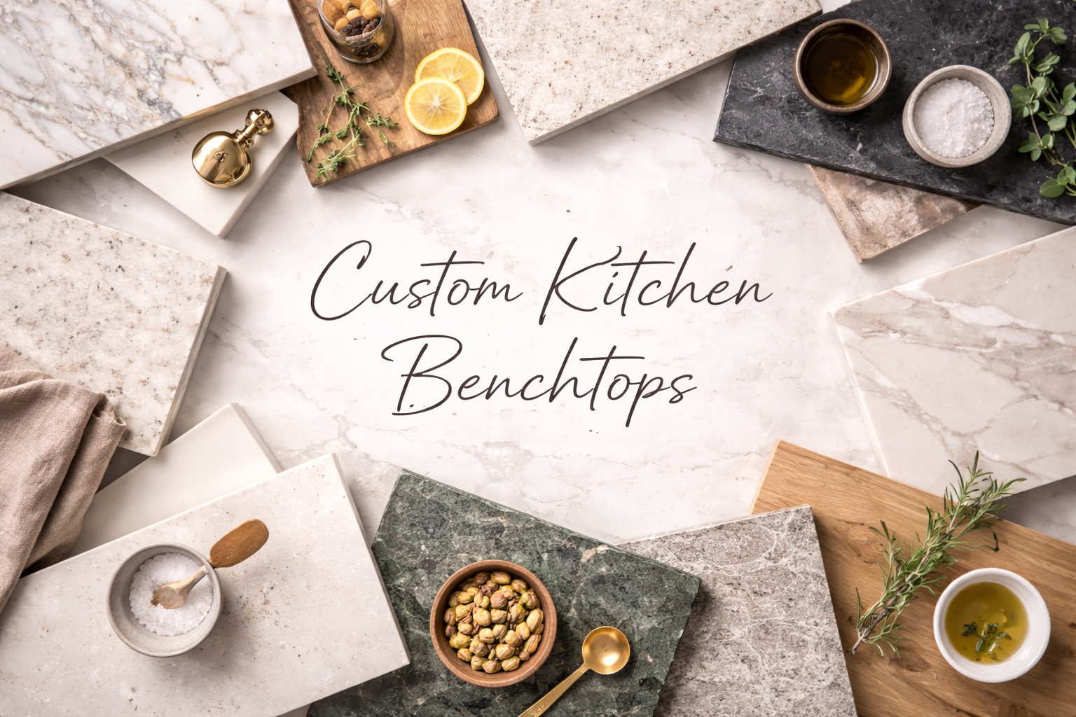 Flatlay of kitchen benchtop material samples arranged around a central title area.
