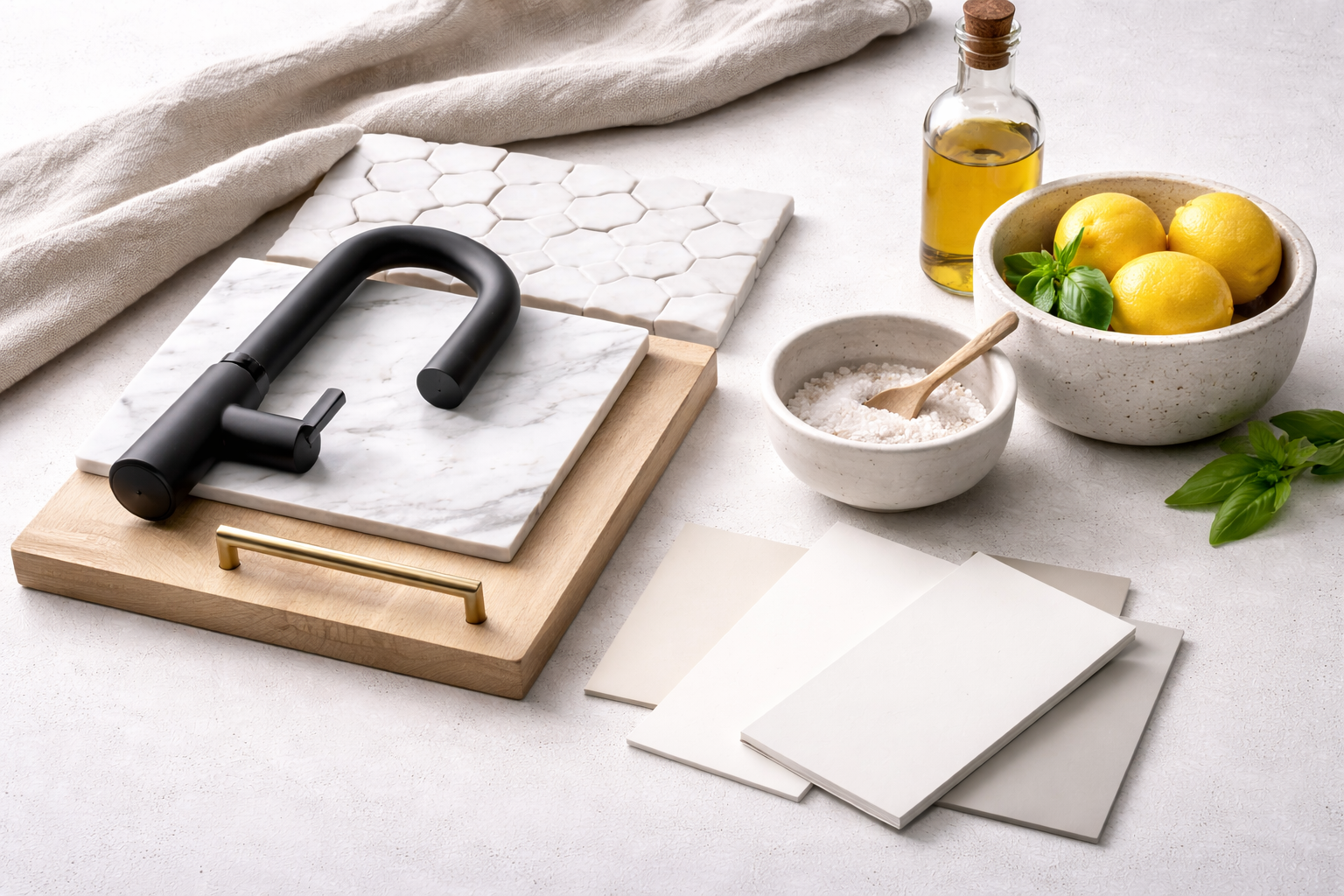 Minimal kitchen design materials including faucet, stone samples, tiles, and finishes.
