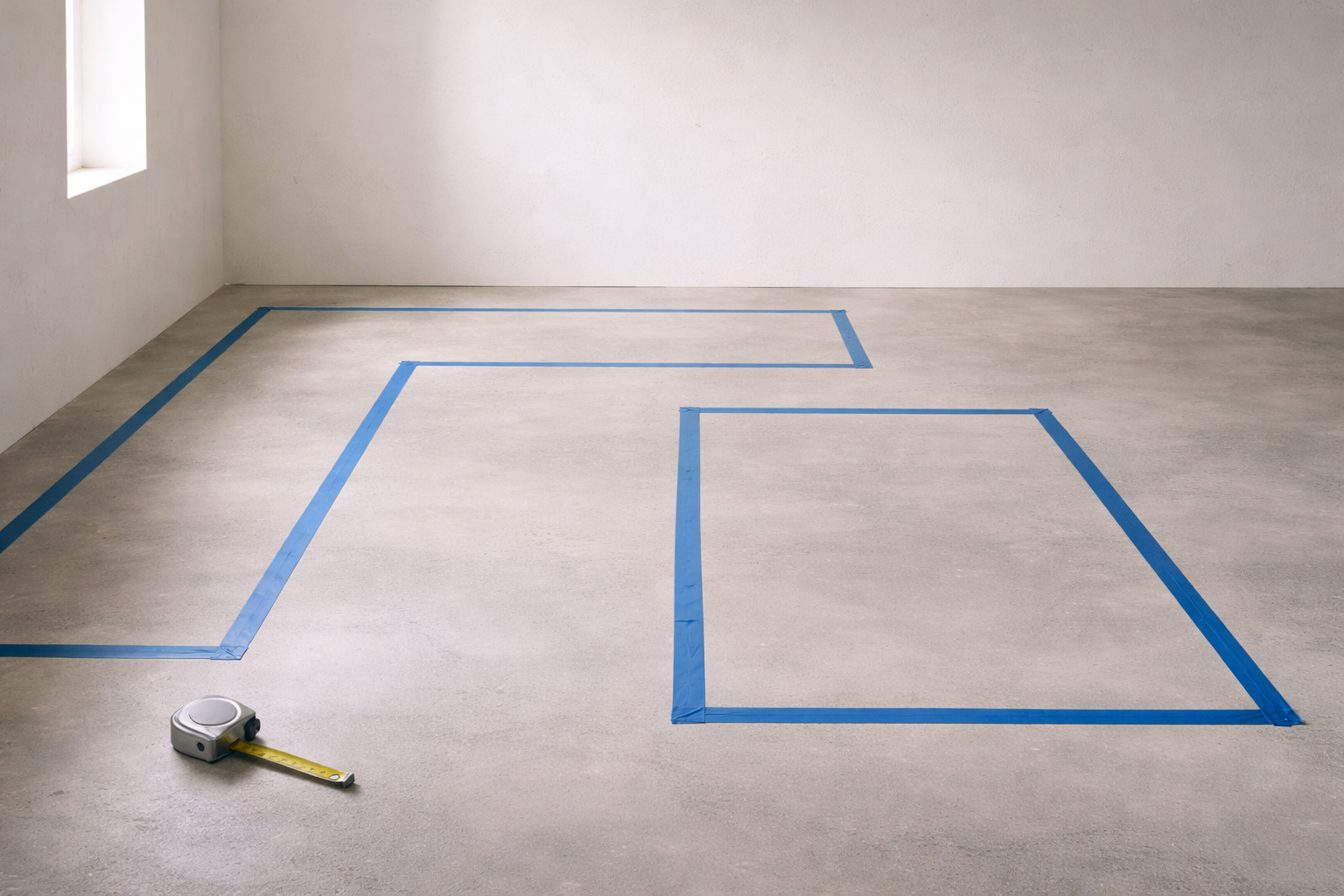Kitchen layout marked on floor before cabinet installation.