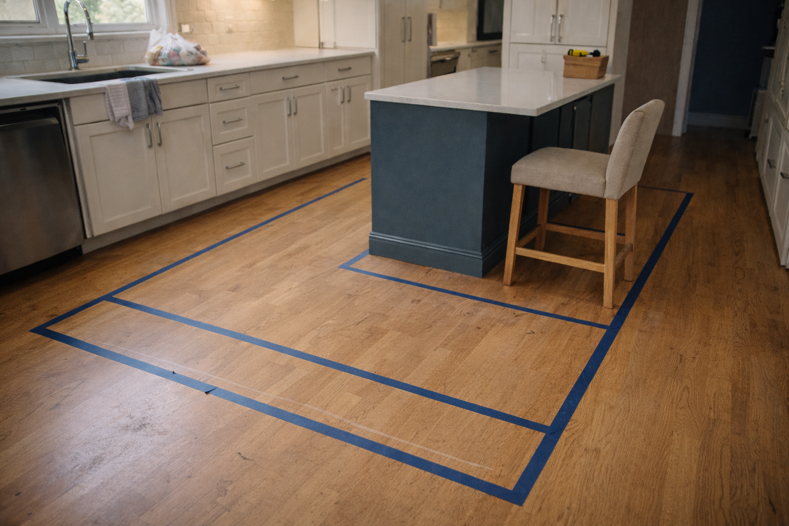 A kitchen island layout test with blue tape footprint and dishwasher blocking walking path.