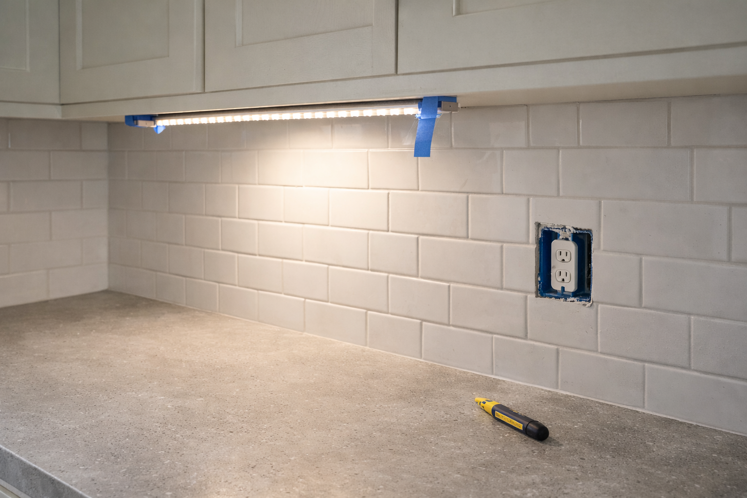 Undercabinet lighting test with outlet placement during kitchen renovation.