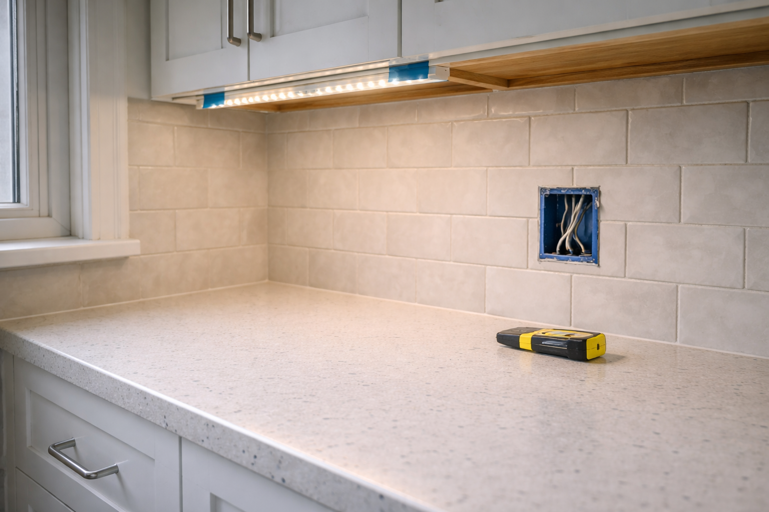 Temporary under-cabinet LED strip tested before backsplash outlet install.