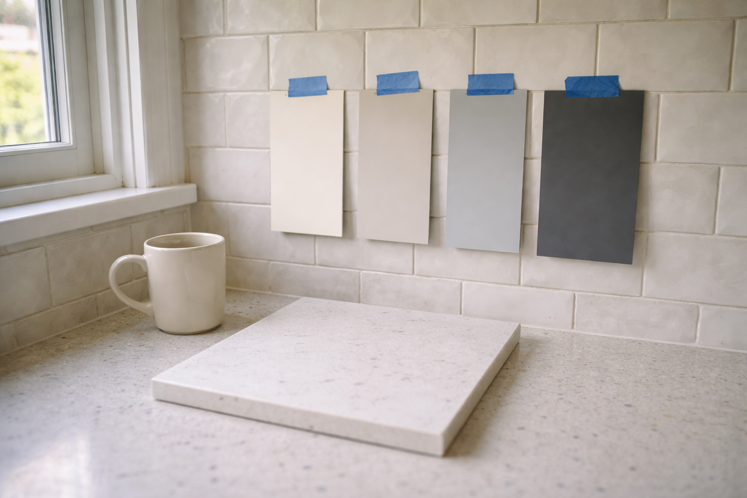 Comparing kitchen wall colors against countertop material before painting.