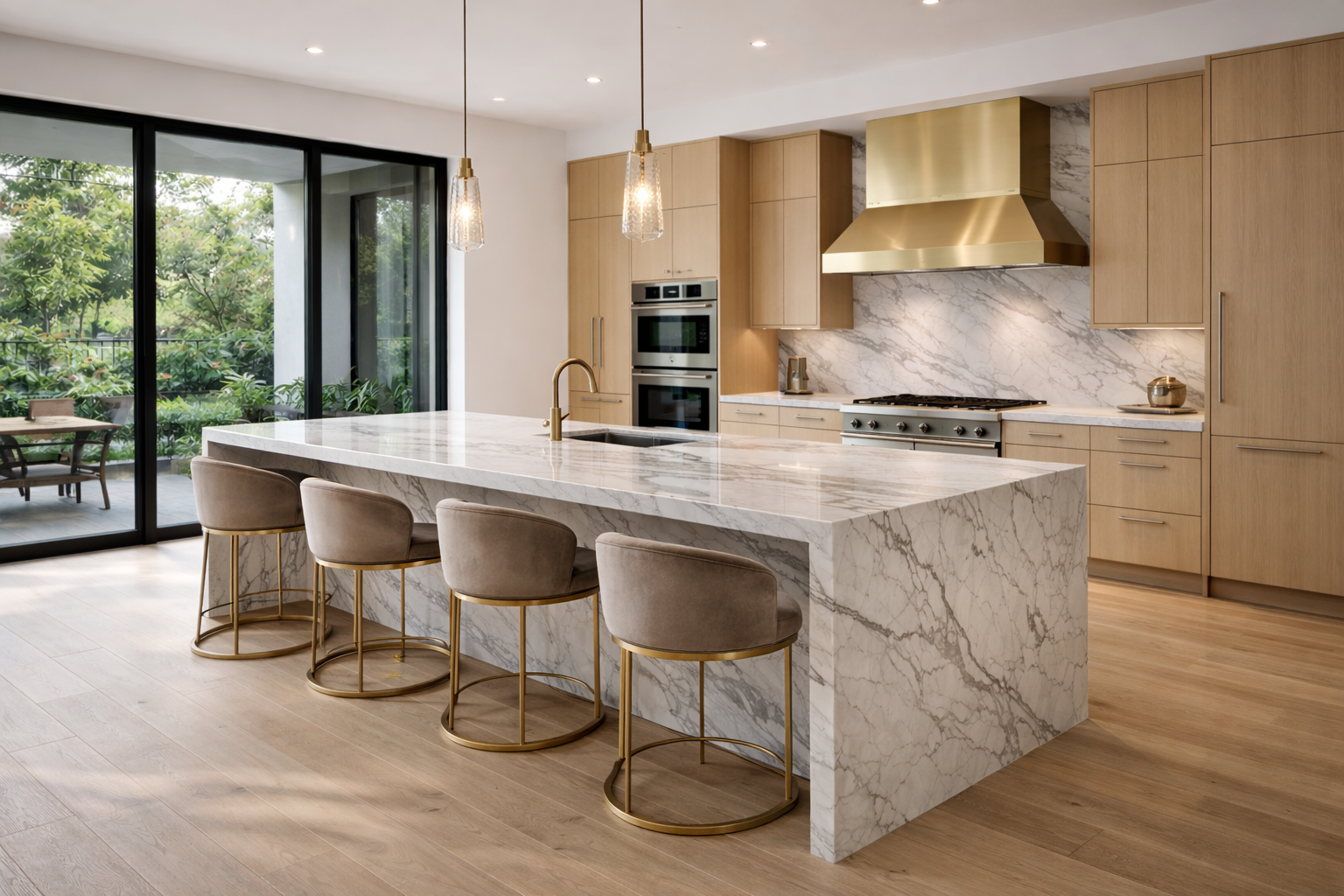 High-end kitchen with black-framed glass doors, light oak cabinetry, and a marble waterfall island.
