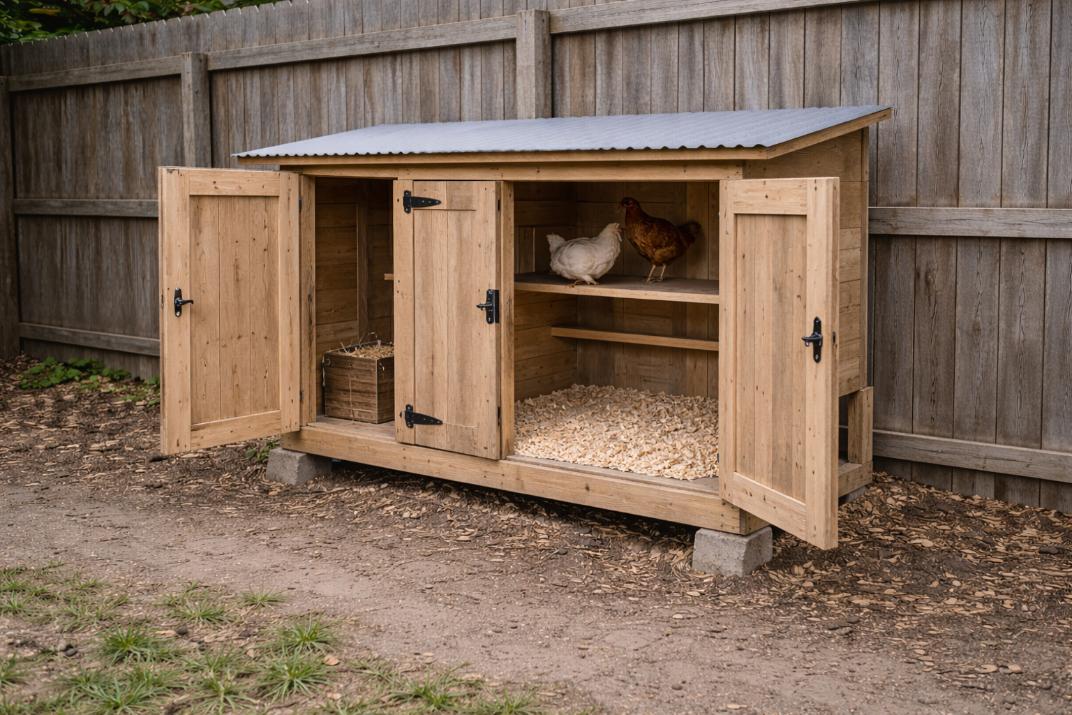 Compact walk-in chicken coop with wide-opening access doors for easy cleaning and reach.