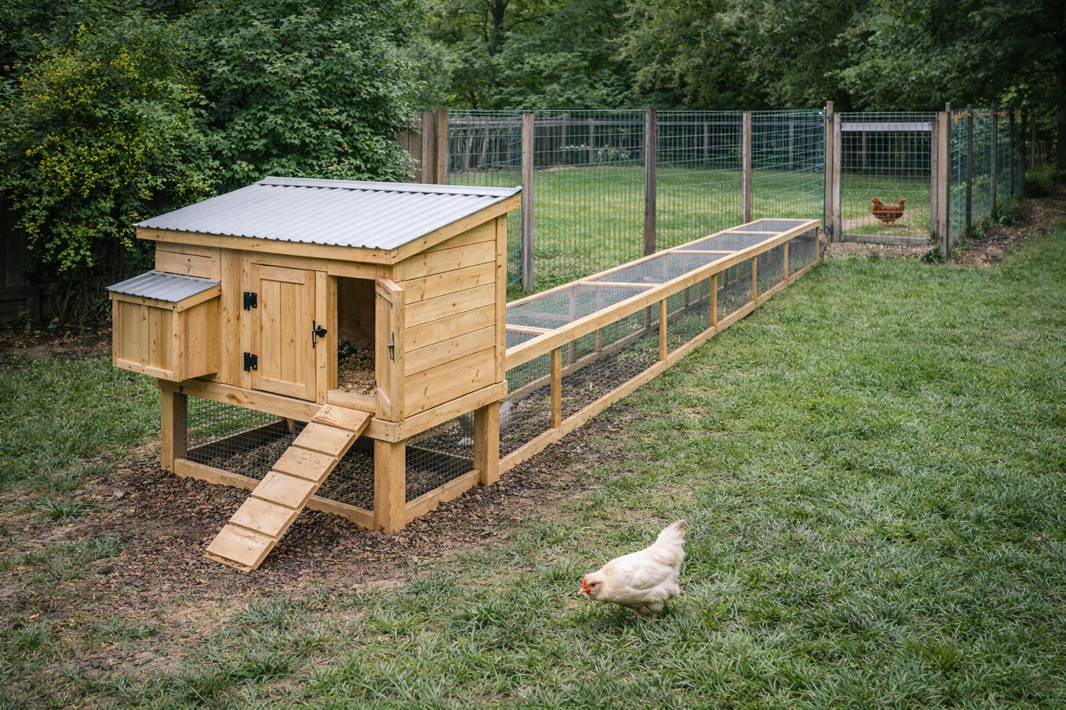 Mini chicken coop with a wire run tunnel connecting to a larger fenced yard pen for more movement.