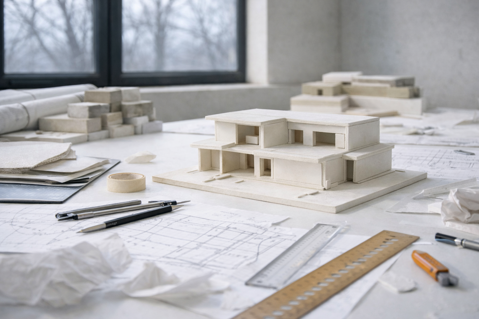 Minimal modern architectural structure with soft daylight and clean geometric lines emphasizing space and form.