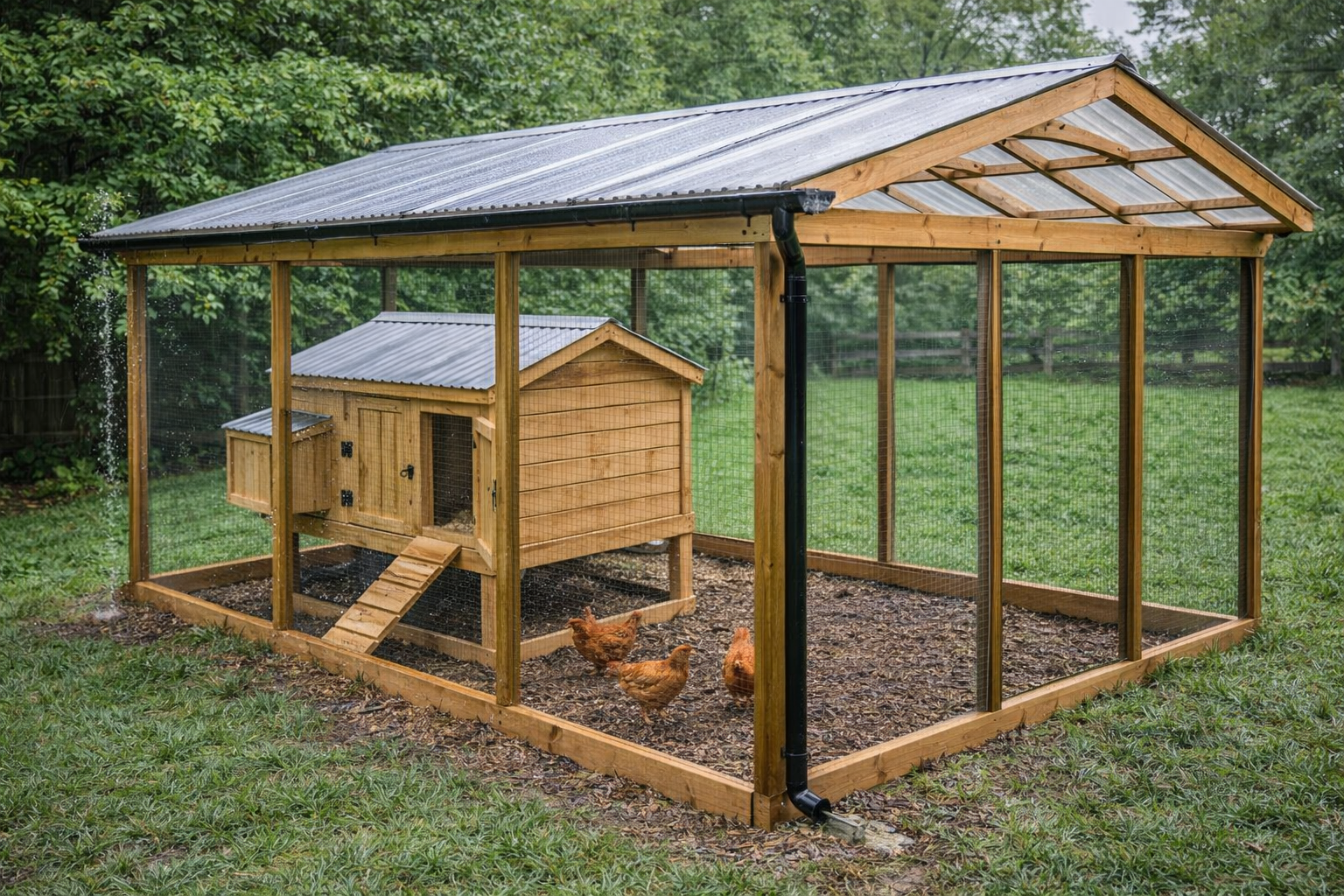 Run-led chicken coop design with a roofed run and drainage/gutter routing to keep the base dry.