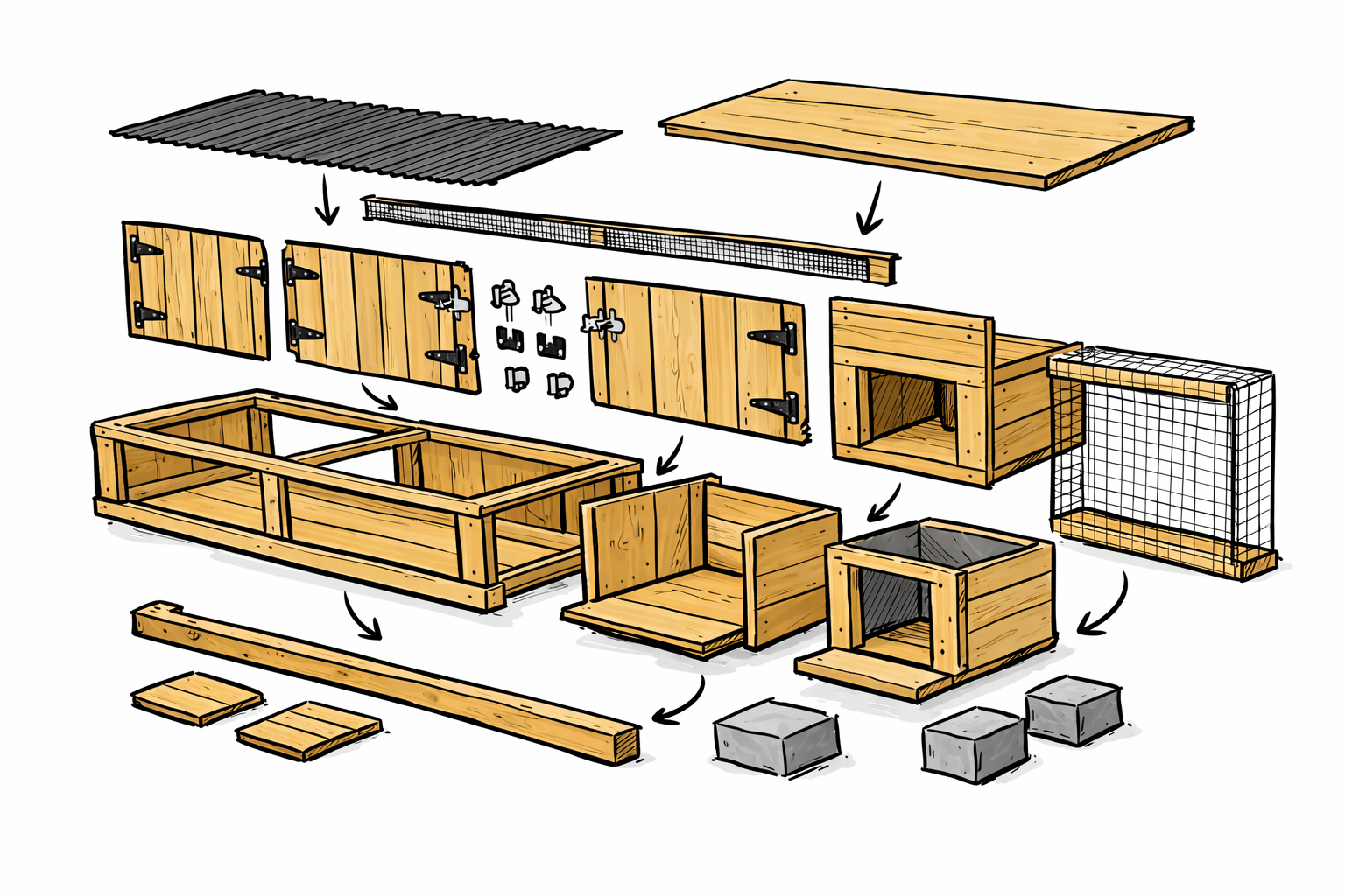 Exploded view of long low backyard chicken coop showing roof, doors, frame, nest box and base blocks.