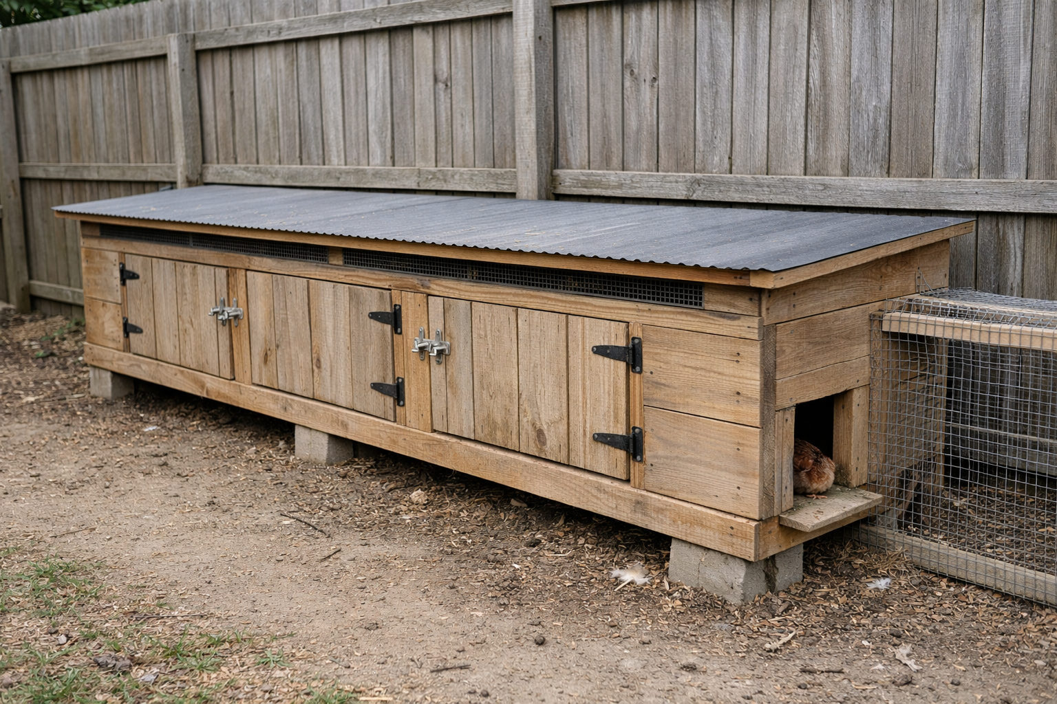 Long, shallow chicken coop built tight along a backyard fence with multiple clean-out doors and a small attached run at the end.