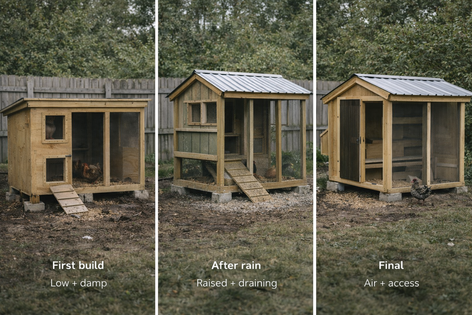 Three stage progression of a small backyard chicken coop improved over time for 2 to 6 chickens.