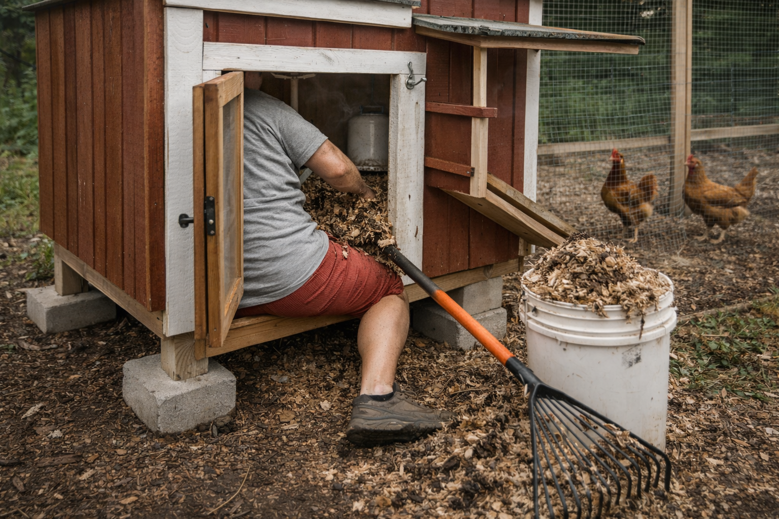 person struggling to clean cramped chicken coop through small door.