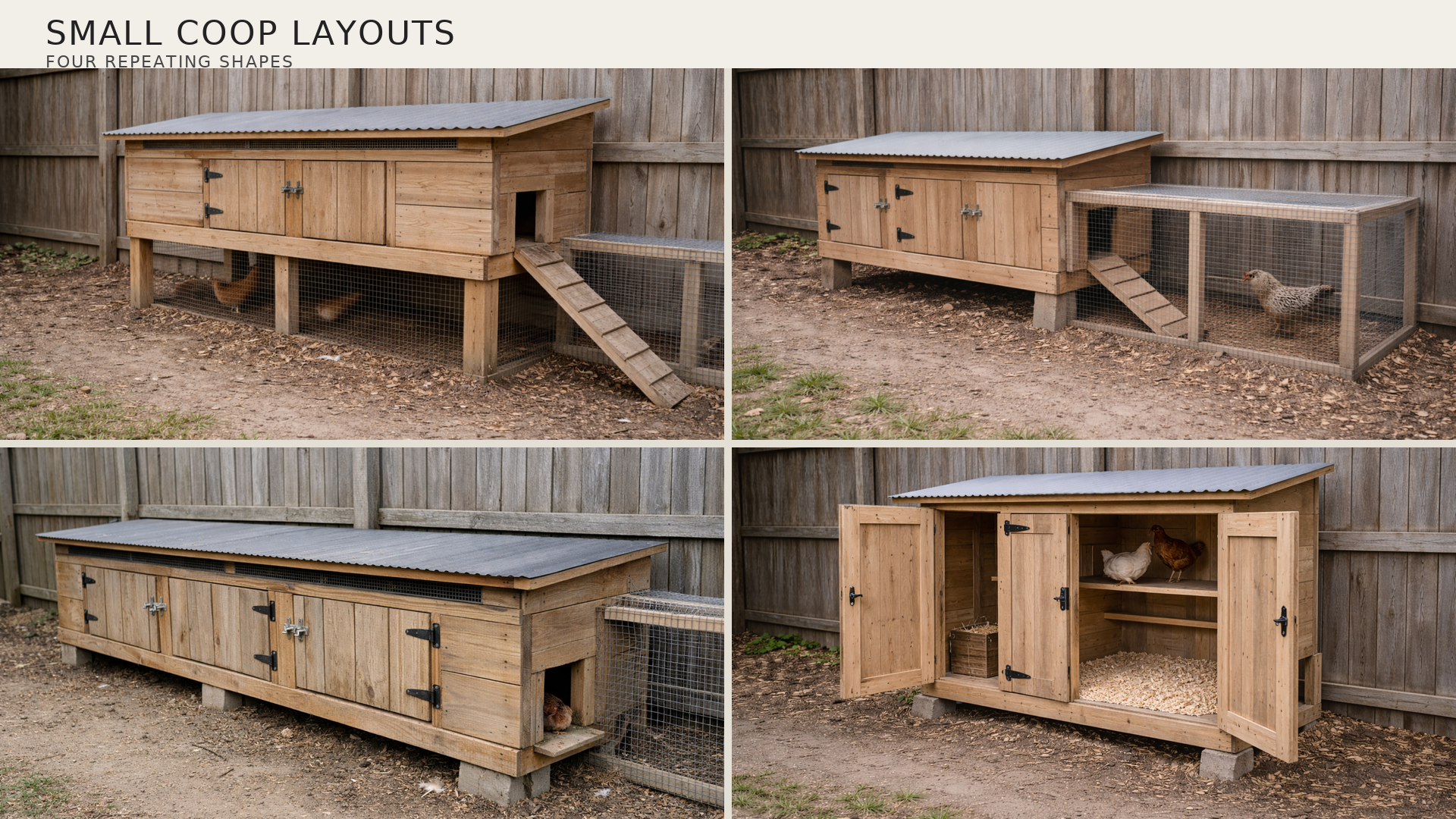 Four small chicken coop layouts in one collage: raised, ground+run, slim fence, micro walk-in.