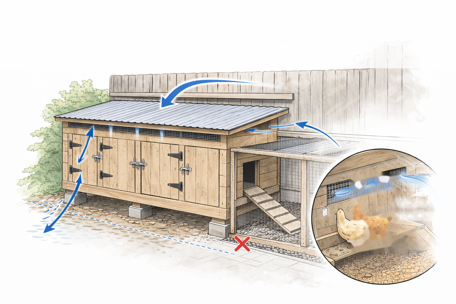 A diagram showing high-vent ventilation in a small coop, with airflow routed above roosts to avoid drafts.