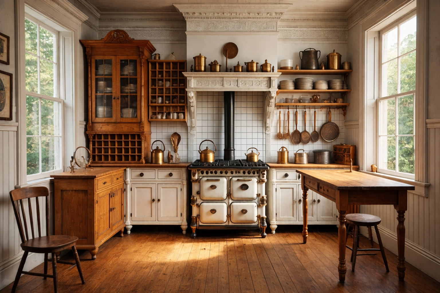 1890s Victorian kitchen with cast iron range, white cabinetry, open shelves, and wood floors