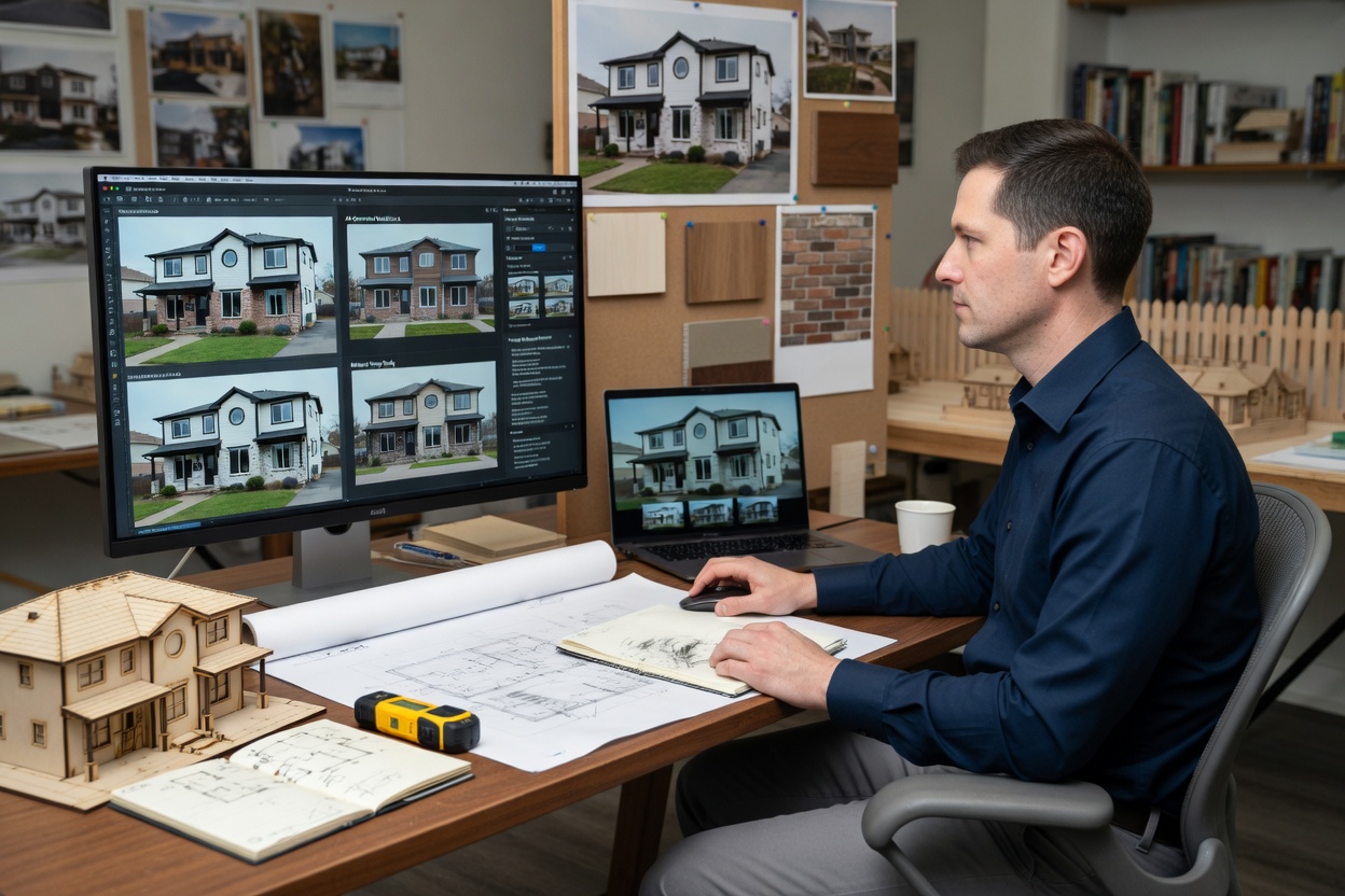 Architect using AI-assisted design tools at a workstation with a scale model, sketches, and screen-based building studies.