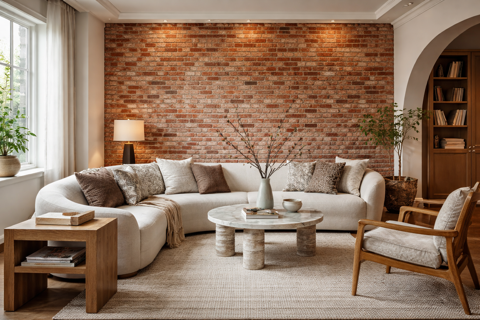 Living room with antique brick accent wall, curved cream sectional, and marble coffee table.