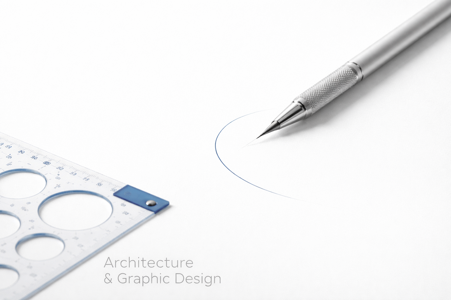 Architecture and graphic design concept image with mechanical pencil and circle template tool.