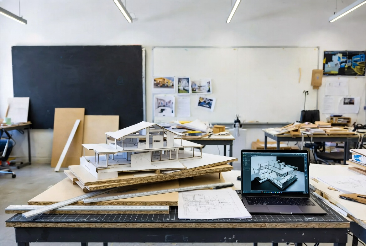 Architecture student studio workspace with physical massing models, drawings, and laptop.