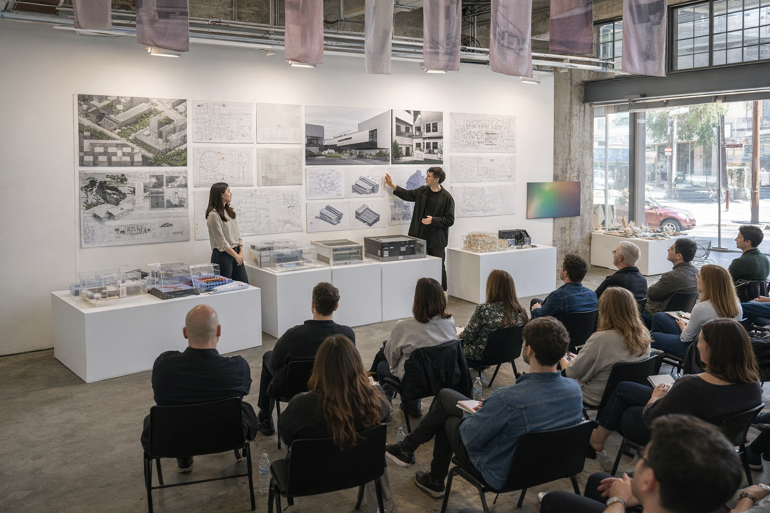 Architecture students presenting thesis boards and models to a seated review audience in studio.