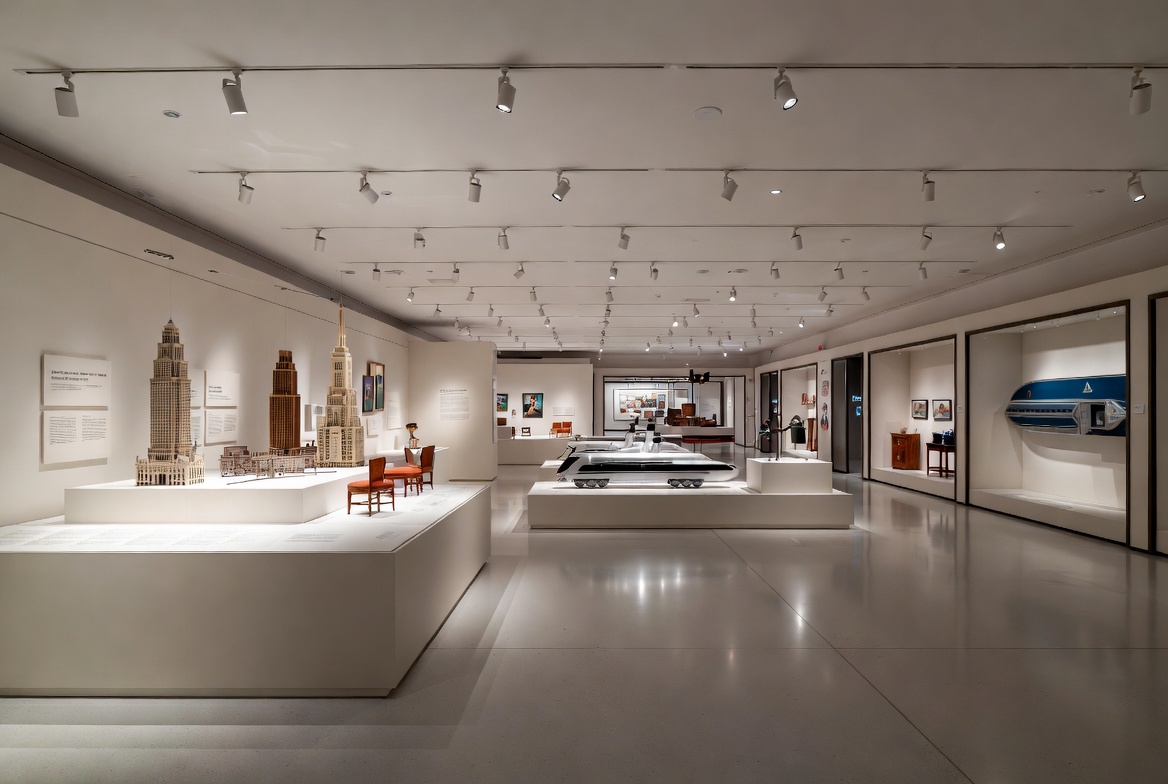 Museum exhibition on Art Deco history with architecture models, furniture, and decorative objects on display.