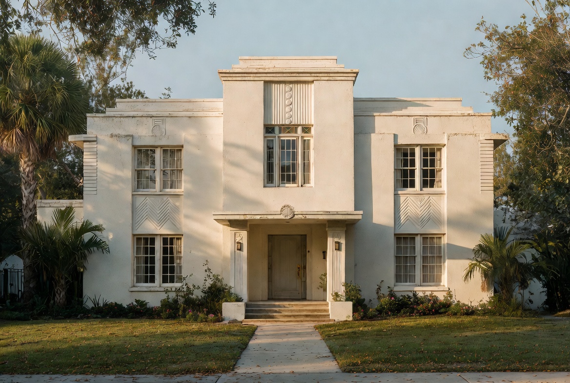Art Deco Moderne house with smooth stucco walls, flat-roof massing, geometric trim, and a restrained entry canopy.