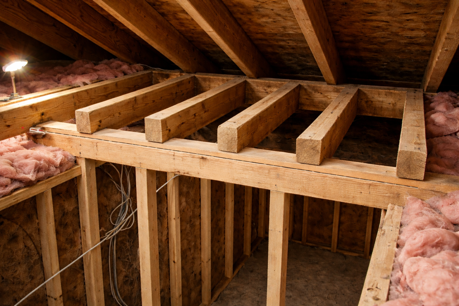 Attic joists resting on a double top plate of a load-bearing interior wall.