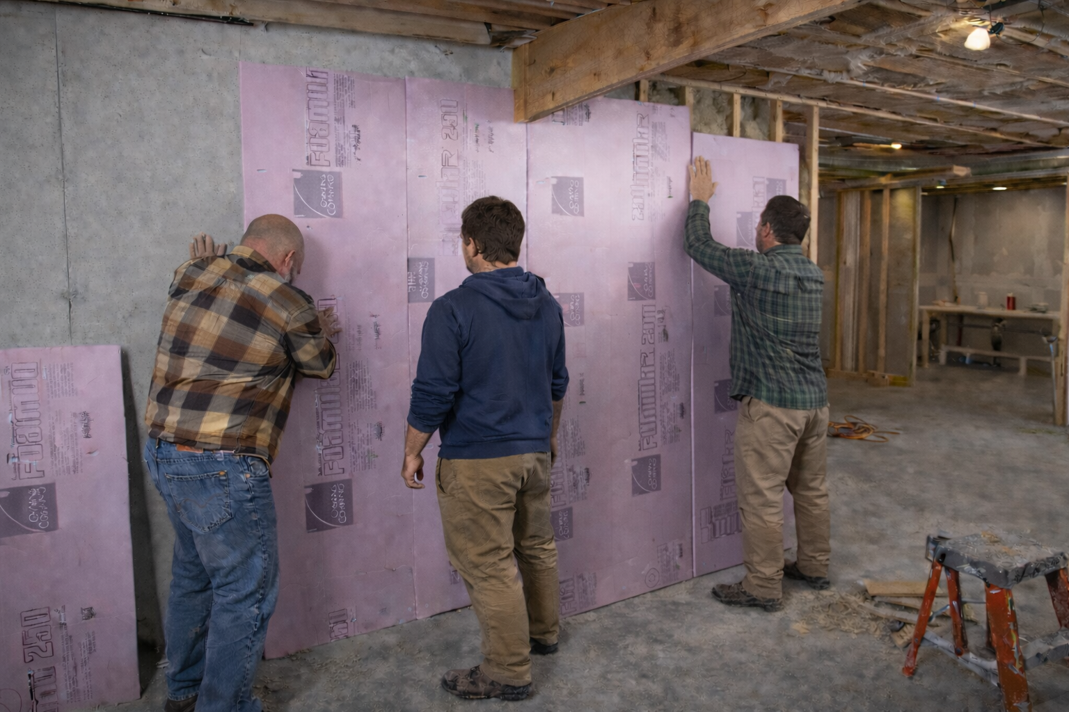 Basement foam board insulation installed on concrete foundation wall during framing and air sealing.