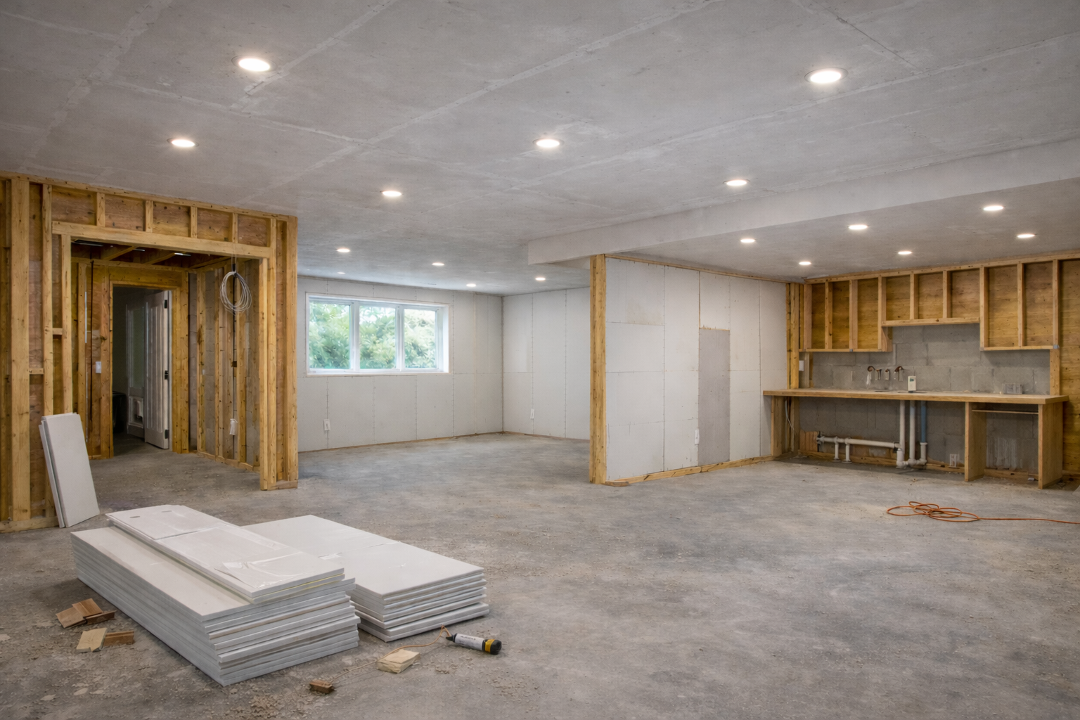 Unfinished basement with drywall ceiling, concrete slab floor, framed walls, and wall panels being installed.