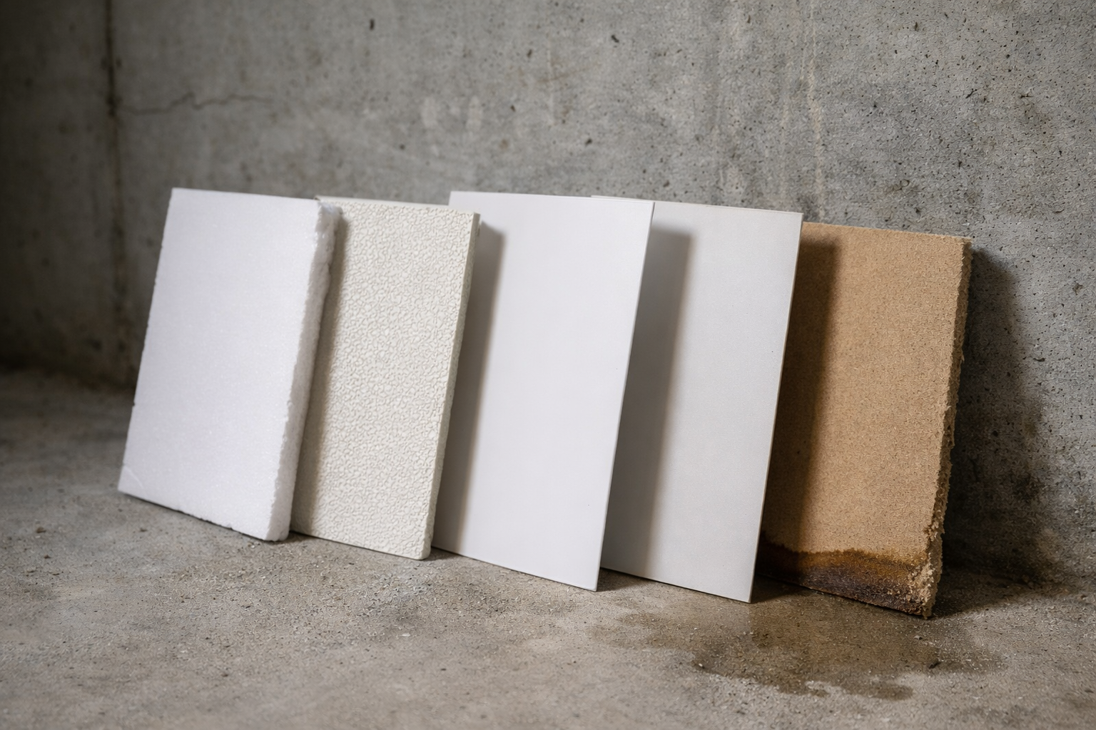 Basement wall panel samples on concrete: foam board, FRP, PVC, and water-damaged MDF to avoid