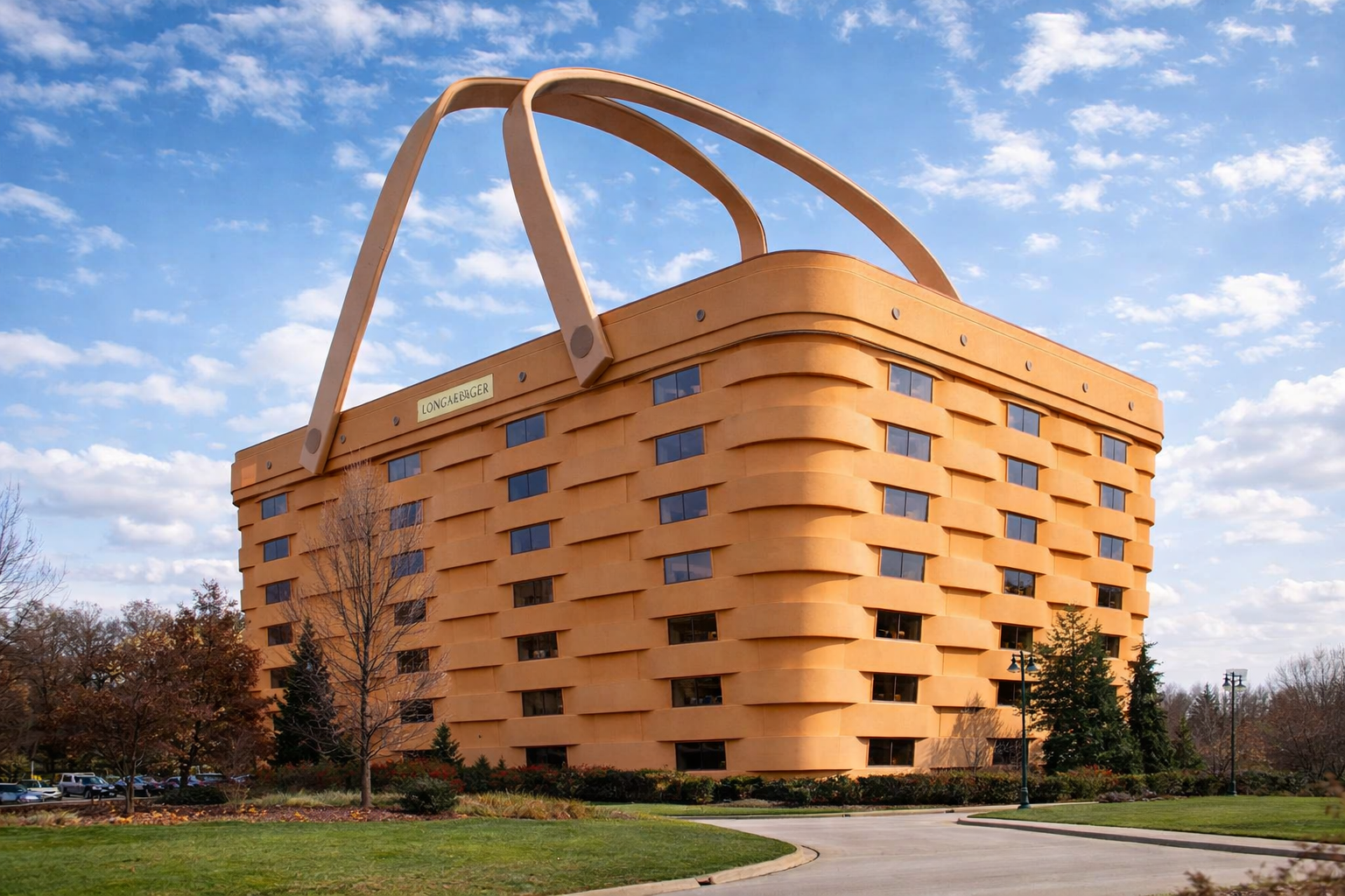 Giant basket-shaped office building with arched handles.
