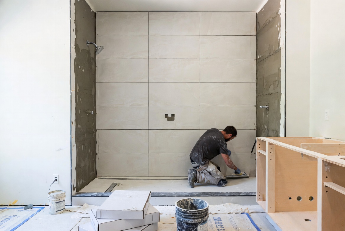 Contractor installing large-format shower wall tile during a residential bathroom remodeling project.