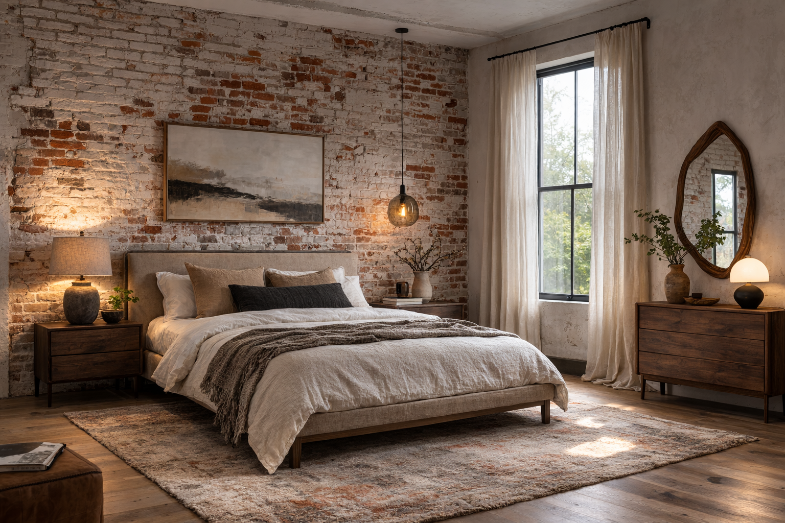 A new bedroom with exposed antique brick wall.