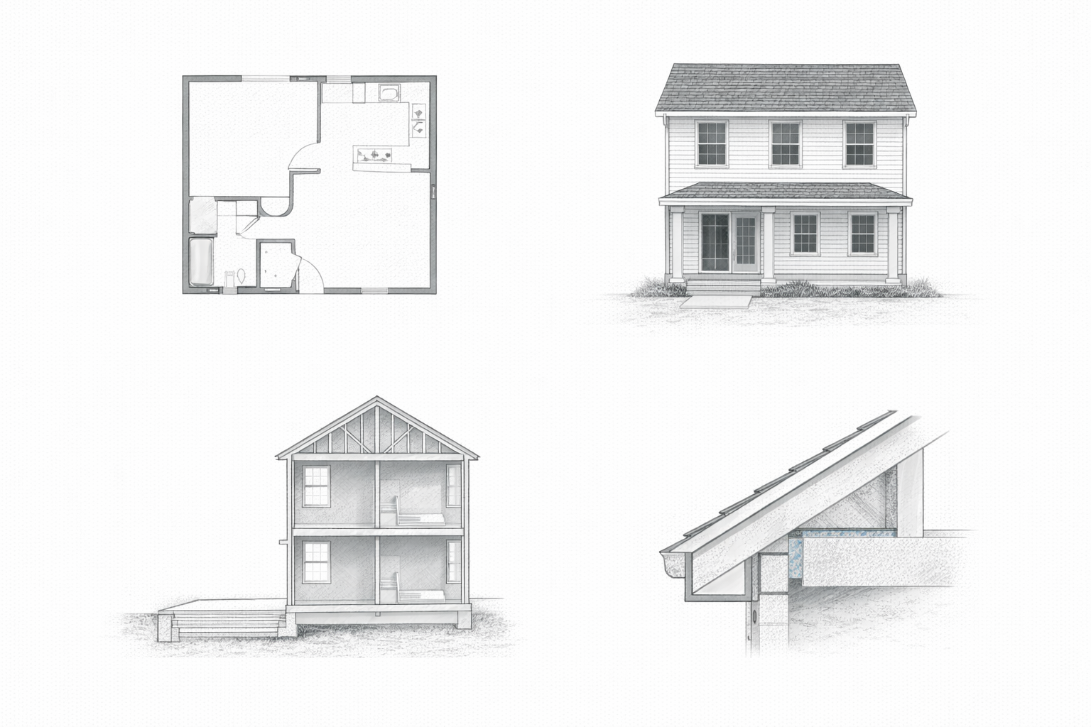 Blueprint drawing set showing floor plan, exterior elevation, section cut, and construction detail for the same house.