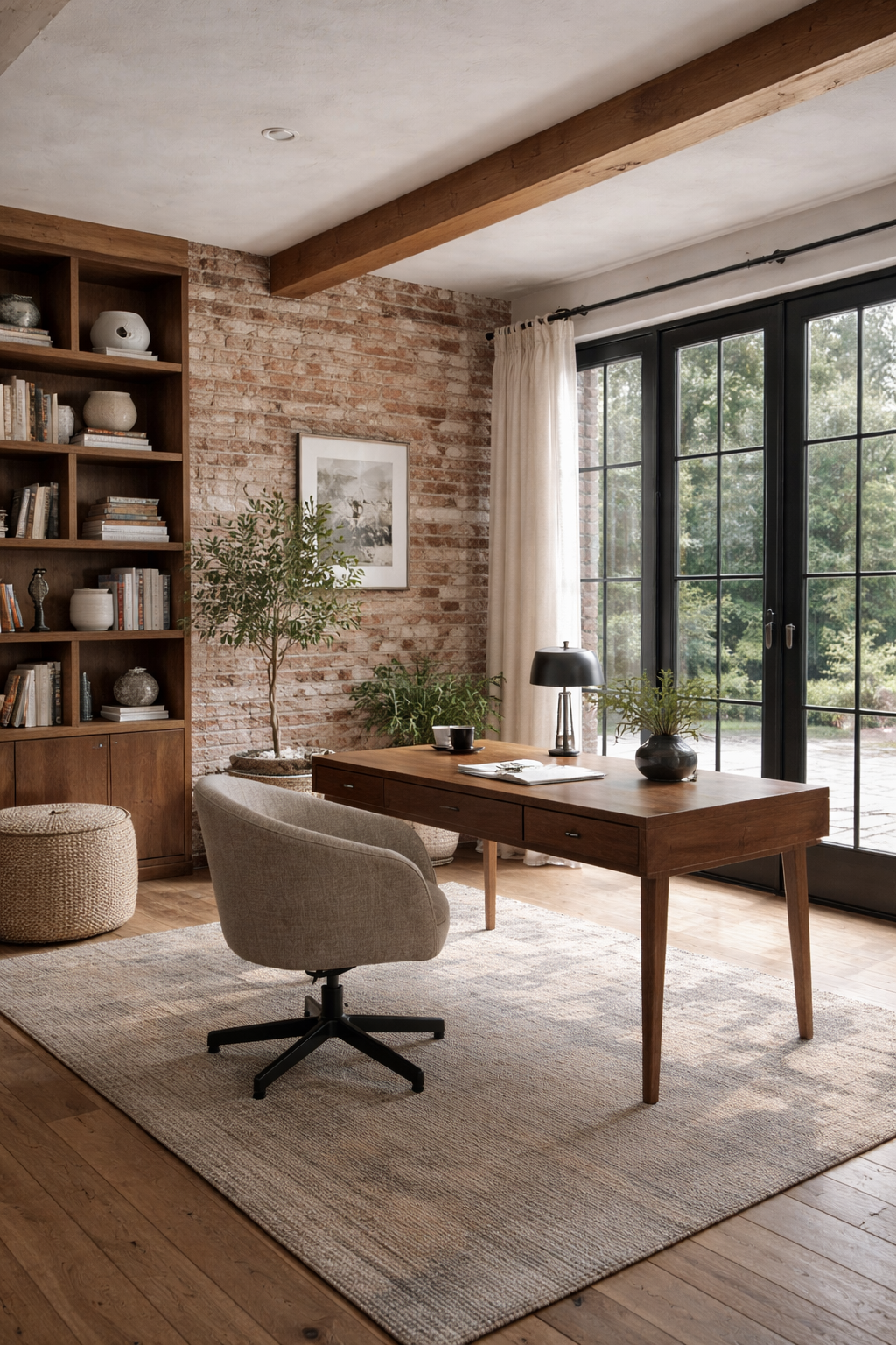 Bright home office with exposed brick wall, walnut desk, oak floors, and black steel doors.