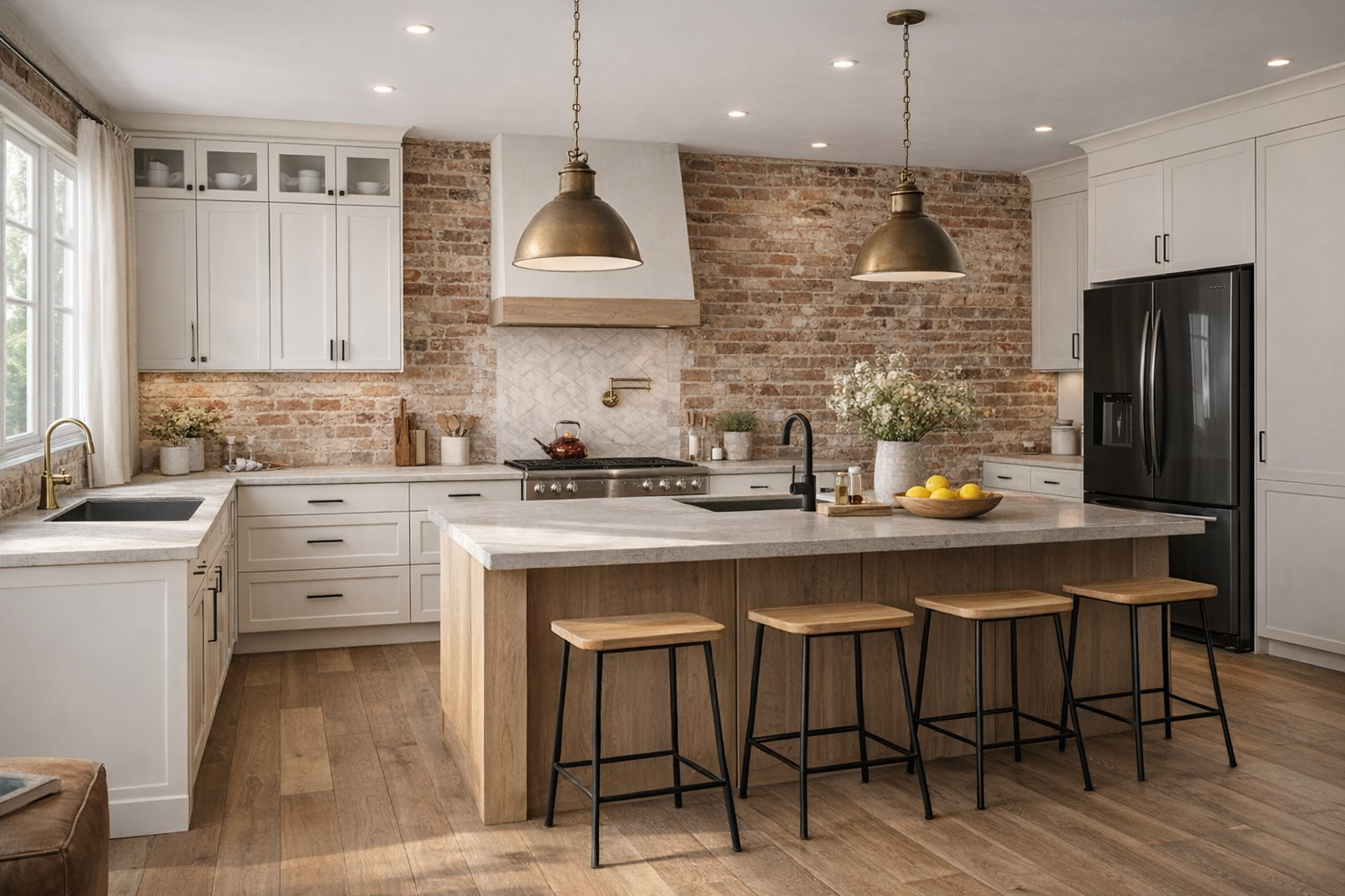Modern kitchen with exposed brick backsplash, large island, and brass pendant lighting