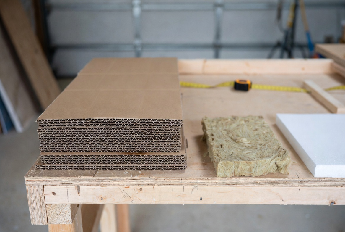 Improvised cardboard insulation test in framed mockup next to proper materials like mineral wool and rigid foam, construction comparison.