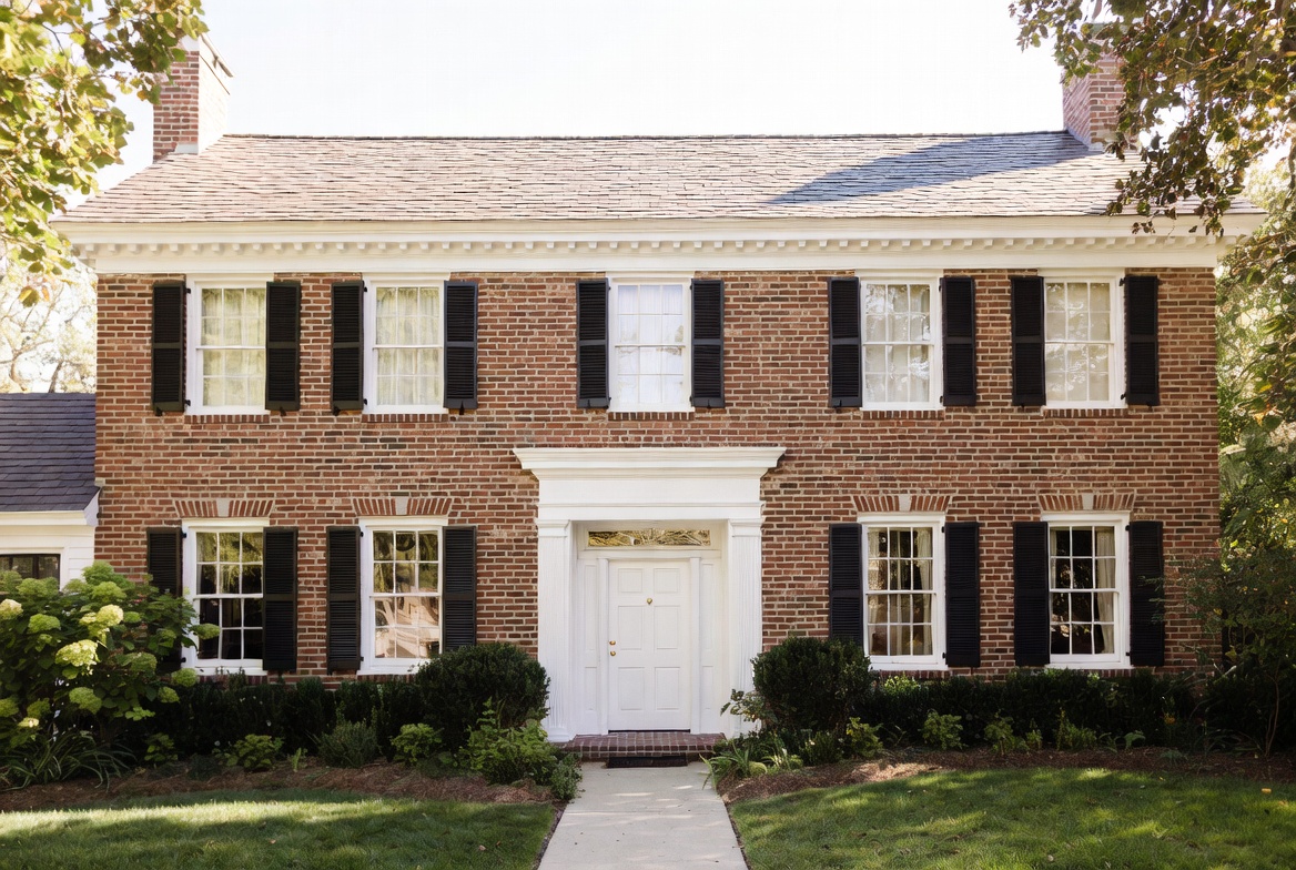 Classic brick colonial house with centered doorway, black shutters, and symmetrical windows.