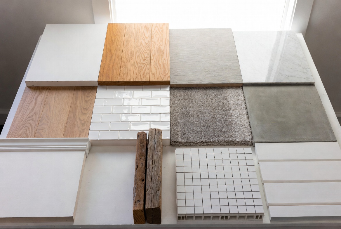 Common interior finish materials displayed as samples, including wood, tile, carpet, stone, and painted trim.