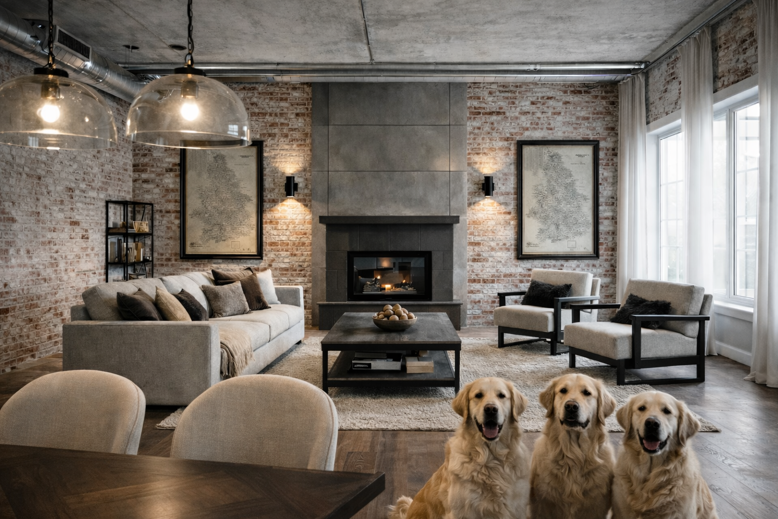 Industrial living room with white concrete ceiling, red-and-white brick walls, and warm wood flooring.