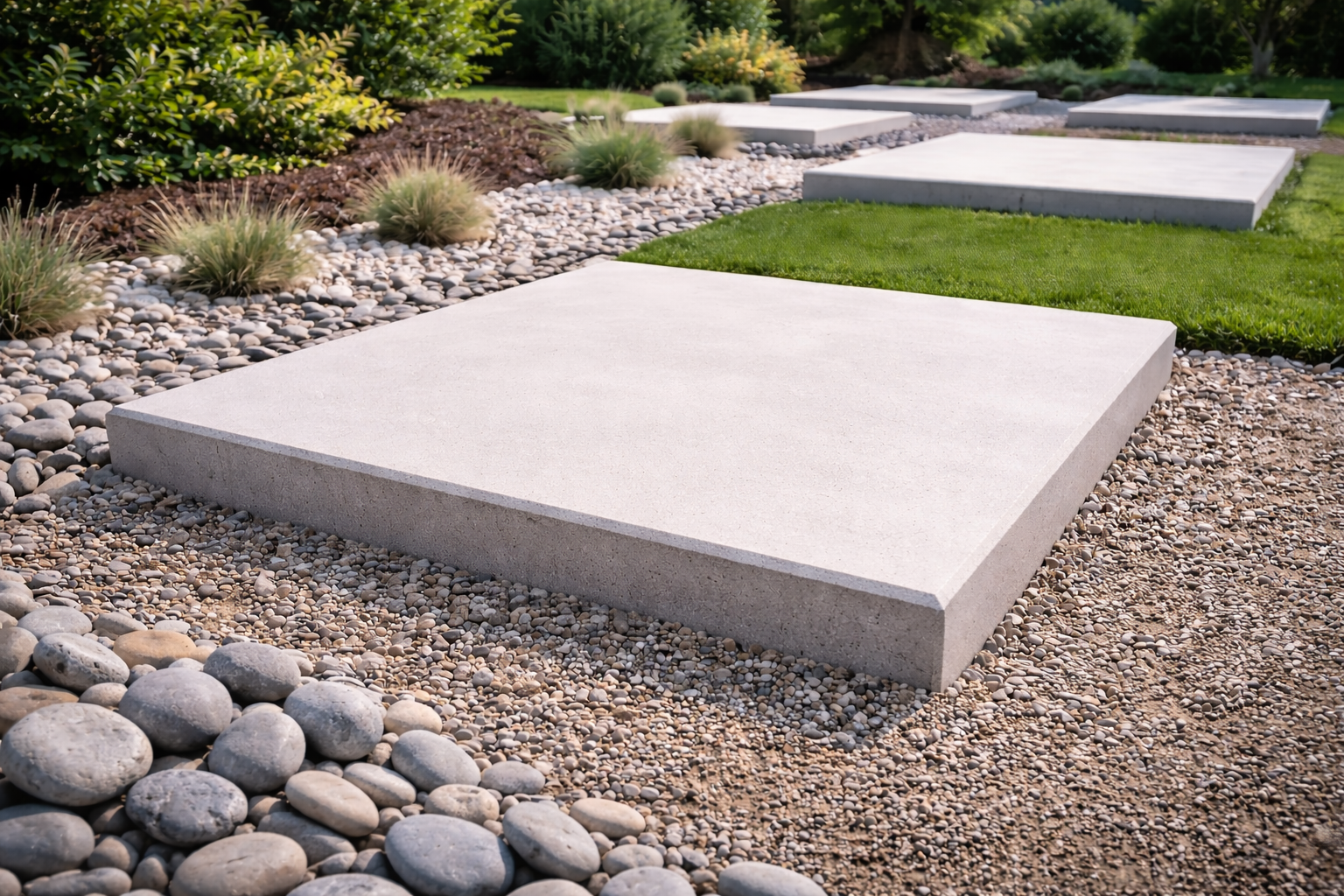 Backyard concrete pad on compacted gravel with river rock border and grass.