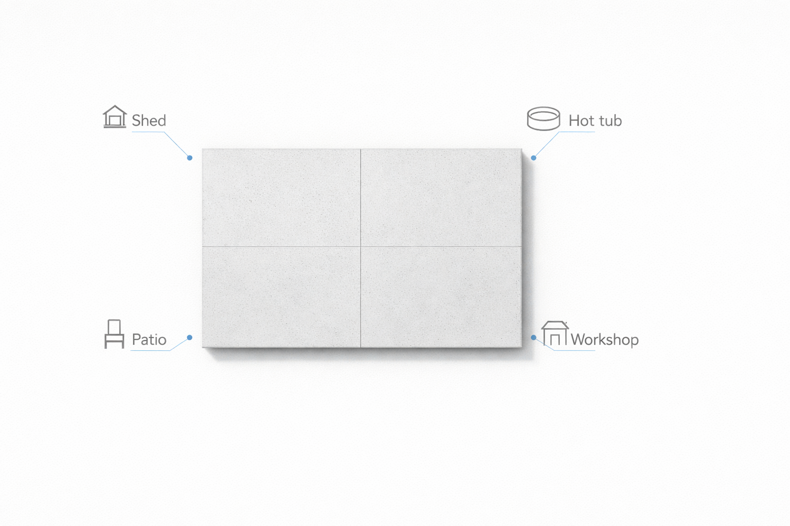 Minimal diagram showing typical uses for a small concrete pad: shed, patio, hot tub and workshop locations.