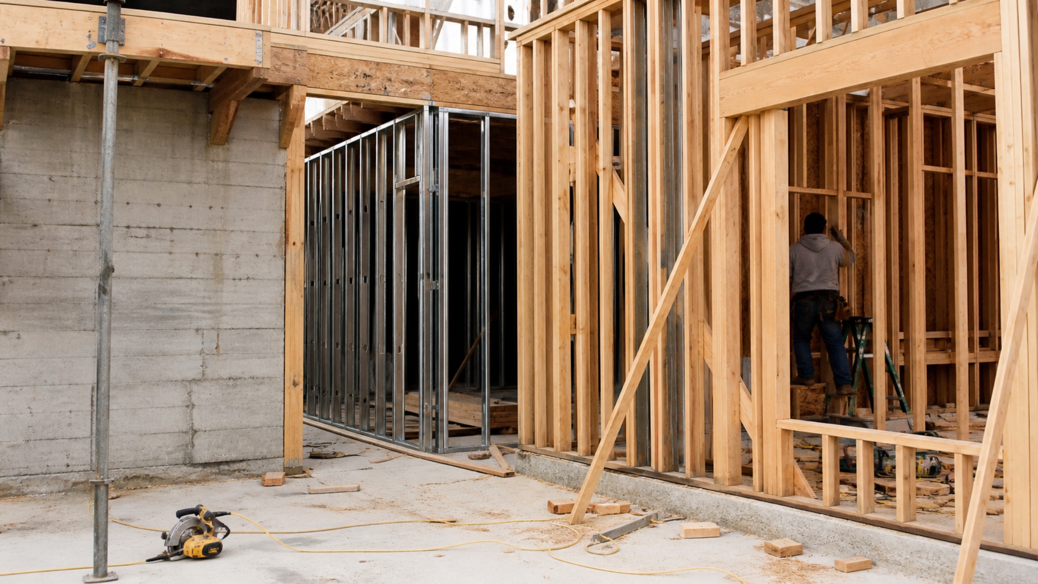 Wood framing, steel studs, and concrete wall construction shown together on a jobsite.